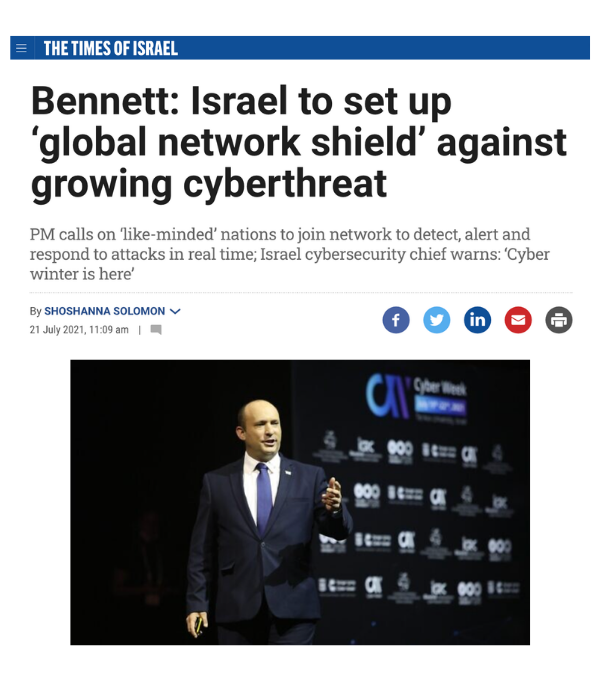 Times of Israel - Bennett: Israel to set up global network shield against cyberthreat