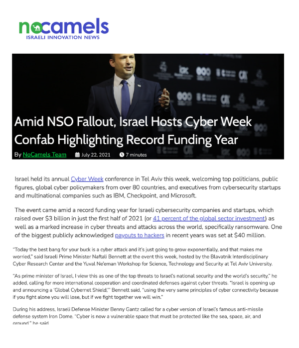 NoCamels - Israel Hosts Cyber Week Confab Highlighting Record Funding Year