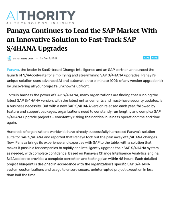 AIThority - Panaya Continues to Lead SAP Market With Innovative S/4HANA Solution