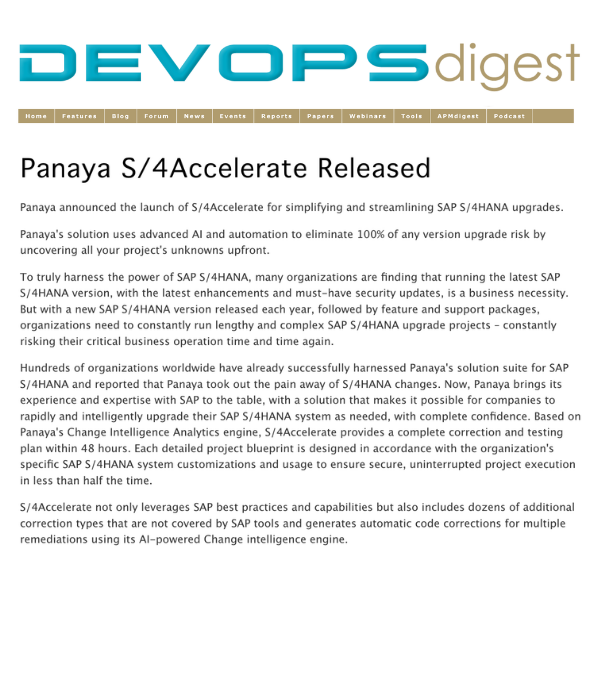 DevOps Digest - Panaya S/4Accelerate Released
