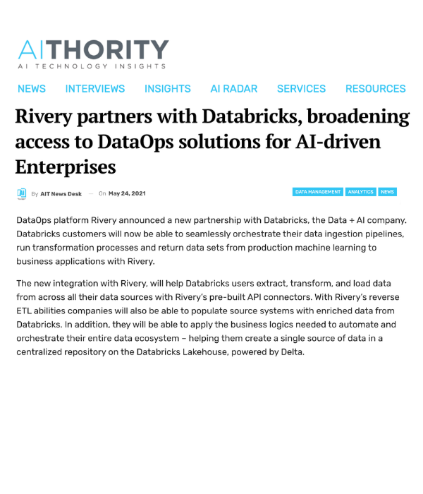 AIThority - Rivery partners with Databricks, broadening access to DataOps solutions