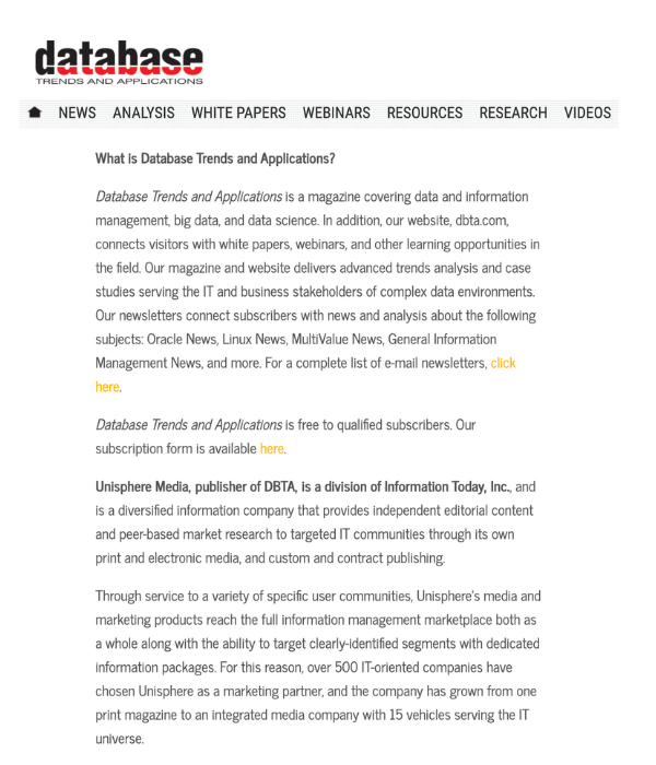 Database Trends and Applications - About DBTA publication page