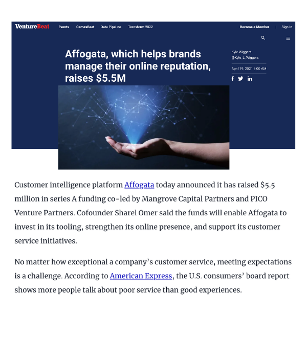 VentureBeat - Affogata helps brands manage online reputation, raises $5.5M