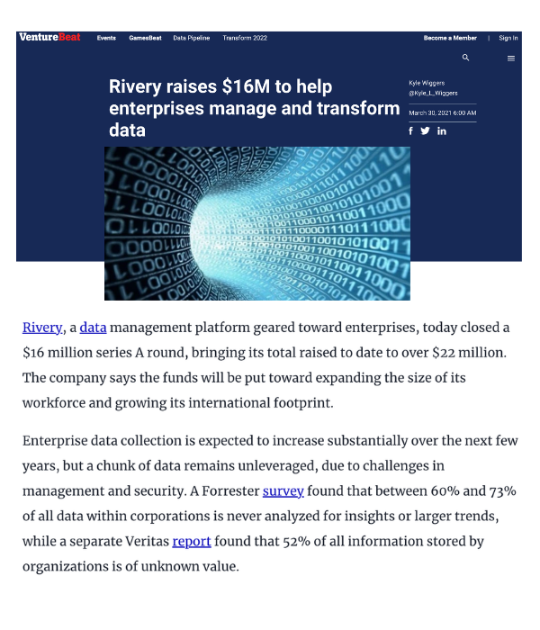 VentureBeat - Rivery raises $16M to help enterprises manage and transform data