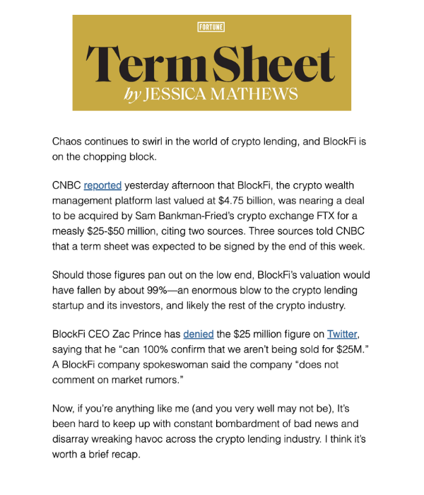 Fortune - BlockFi nearing acquisition by FTX for $25M