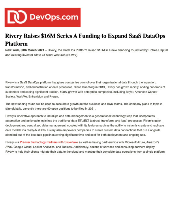 DevOps.com - Rivery Raises $16M Series A to Expand SaaS DataOps Platform