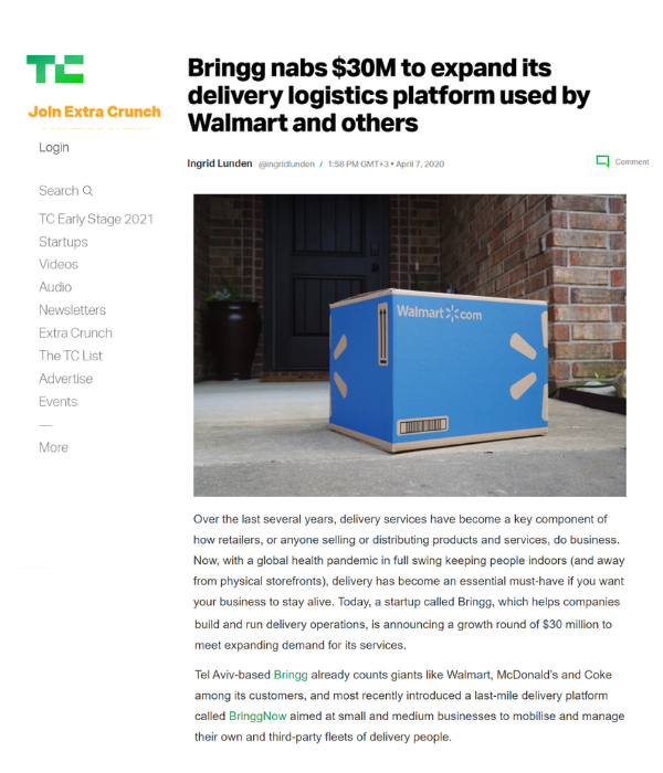 TechCrunch - Bringg nabs $30M to expand delivery logistics platform