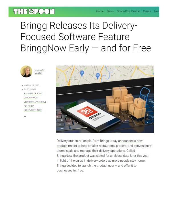 The Spoon - Bringg Releases Delivery-Focused Software BringNow Early and Free