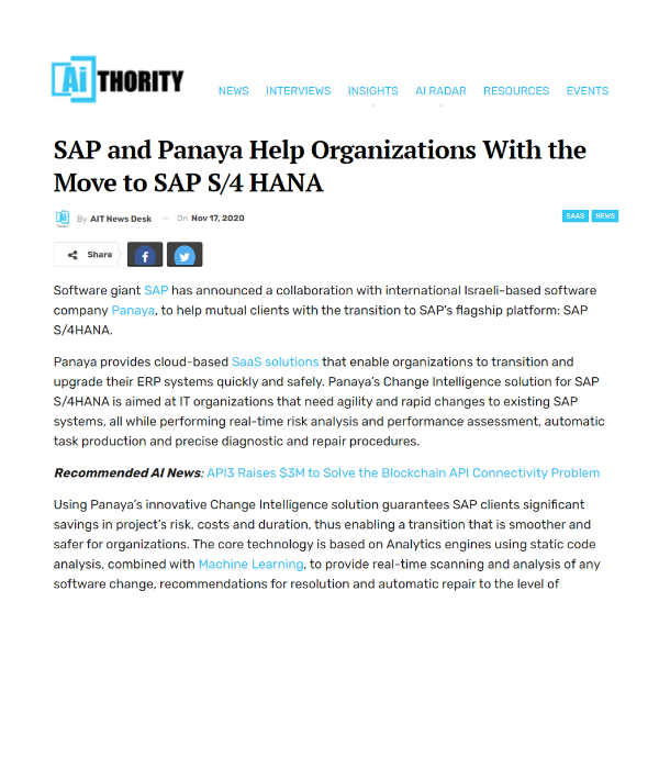 AIThority - SAP and Panaya Help Organizations With the Move to SAP S/4 HANA