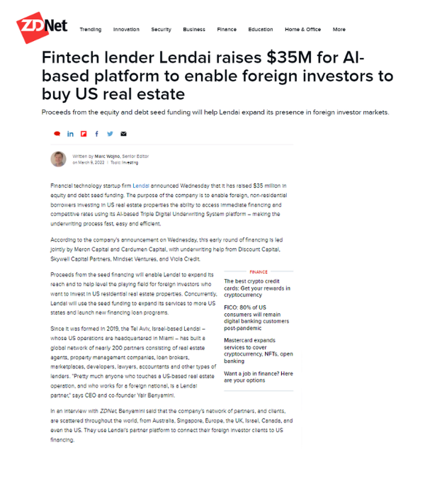 ZDNet - Lendai raises $35M for AI-based foreign investor real estate platform