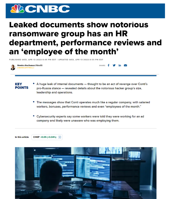 CNBC - Leaked docs show notorious ransomware group has HR department