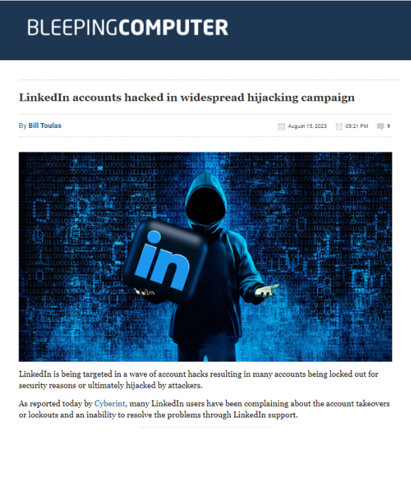BleepingComputer - LinkedIn accounts hacked in widespread hijacking campaign