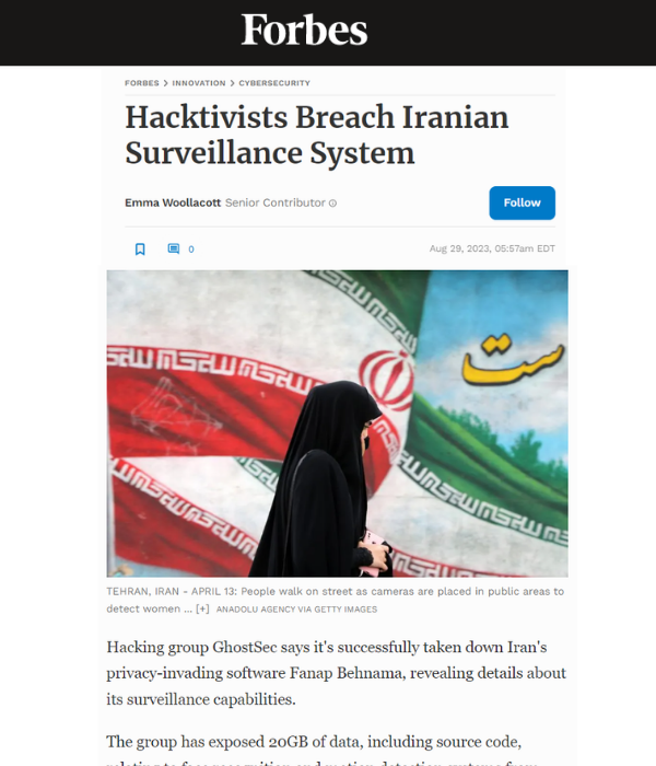 Forbes - Hacktivists breach Iranian surveillance system
