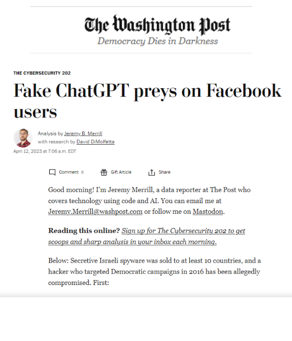Washington Post - Fake ChatGPT preys on Facebook users