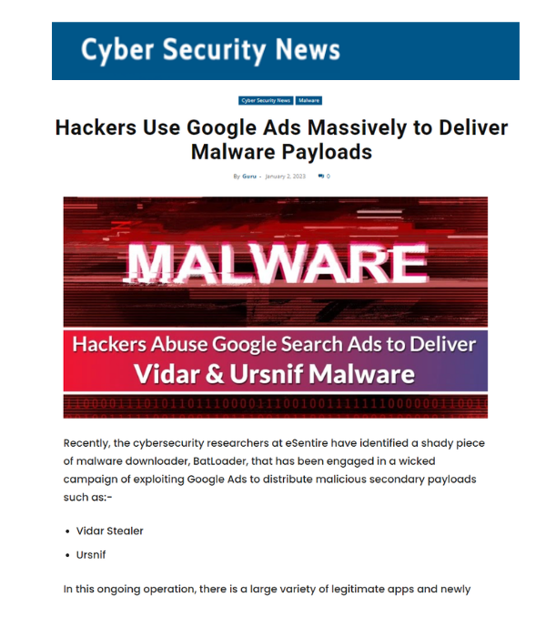 Cyber Security News - Hackers use Google Ads massively to deliver malware payloads