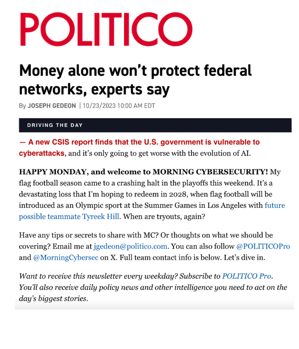 Politico - Money alone won't protect federal networks, experts say