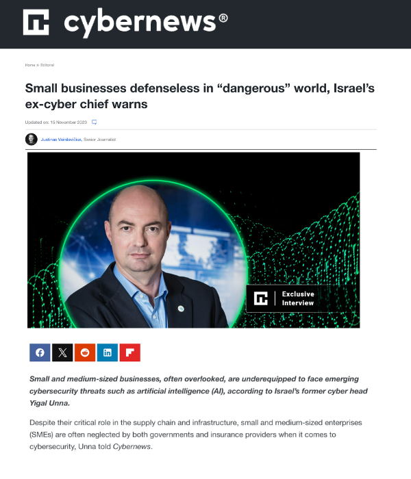 Cybernews - Small businesses defenseless in dangerous world, Israel's ex-cyber chief warns