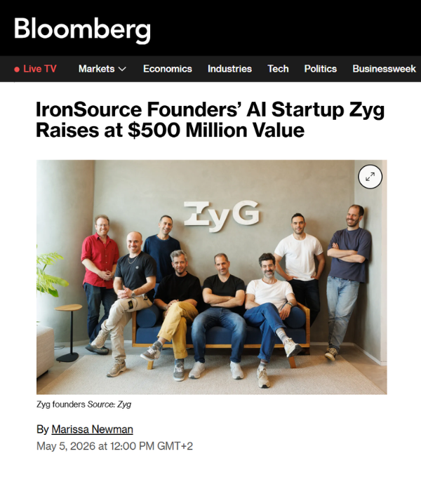 Bloomberg - IronSource Founders' AI Startup Zyg Raises at $500 Million Value