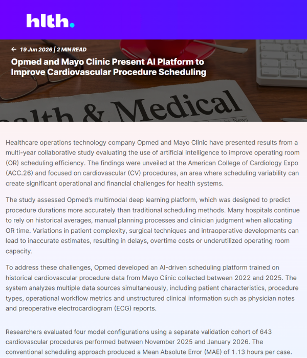 hlth - Opmed and Mayo Clinic Present AI Platform to Improve Cardiovascular Procedure Scheduling