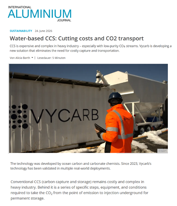 International Aluminium Journal - Water-based CCS: Cutting costs and CO2 transport (Vycarb)