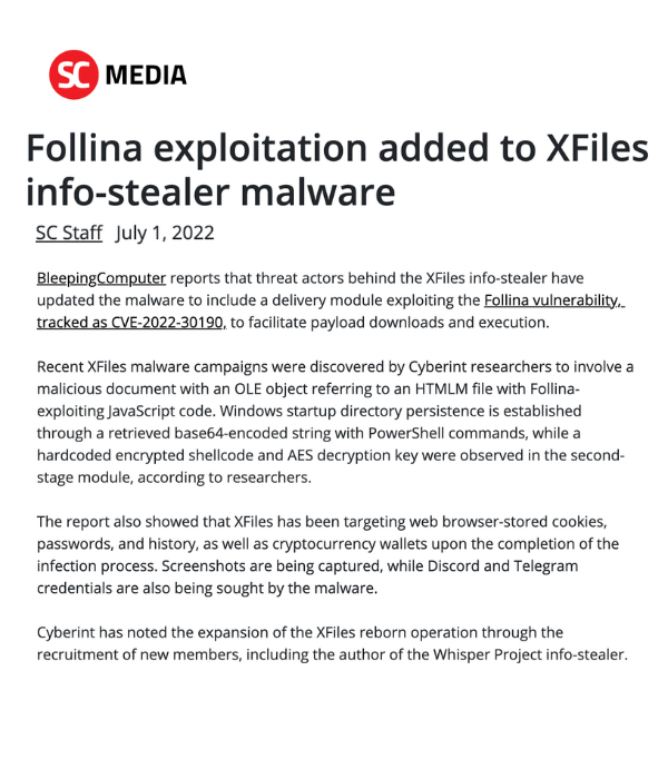 SC Media - Follina Exploitation Added to XFiles Info-Stealer Malware