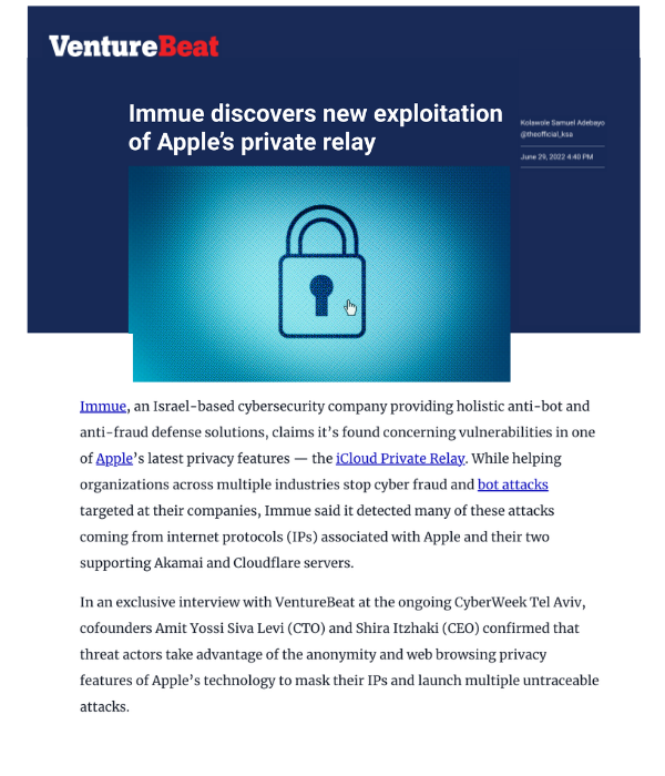 VentureBeat - Immue Discovers New Exploitation of Apple's Private Relay