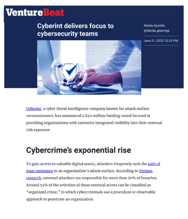 VentureBeat - Cyberint Delivers Focus to Cybersecurity Teams