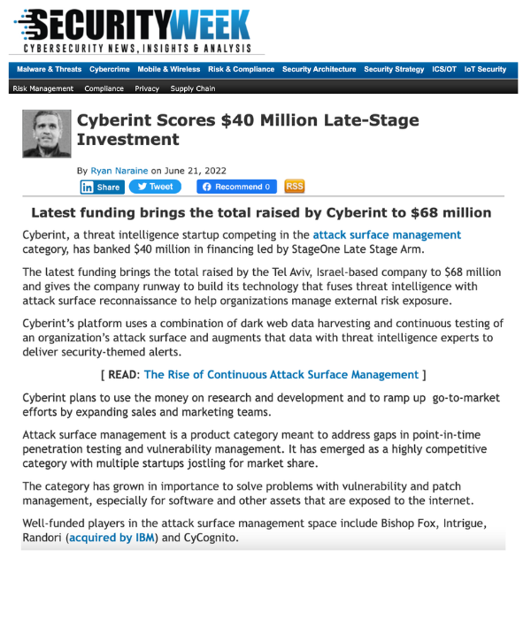 SecurityWeek - Cyberint Scores $40M Late-Stage Investment