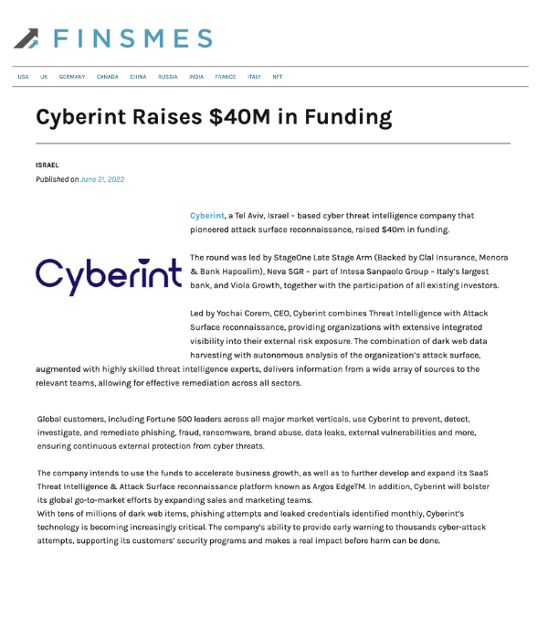 FinSMEs - Cyberint Raises $40M in Funding