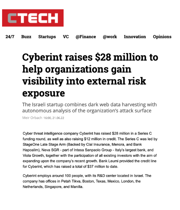CTech - Cyberint Raises $28M to Help Organizations Gain Visibility into External Risk