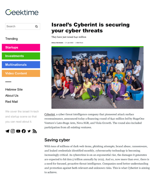 Geektime - Israel's Cyberint Is Securing Your Cyber Threats