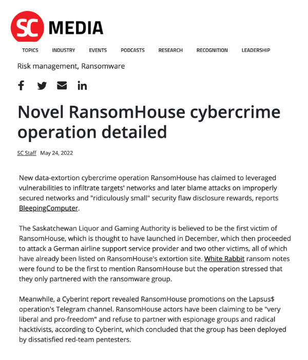 SC Media - Novel RansomHouse cybercrime operation detailed