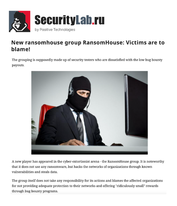 SecurityLab.ru - New ransomware group RansomHouse: Victims are to blame!