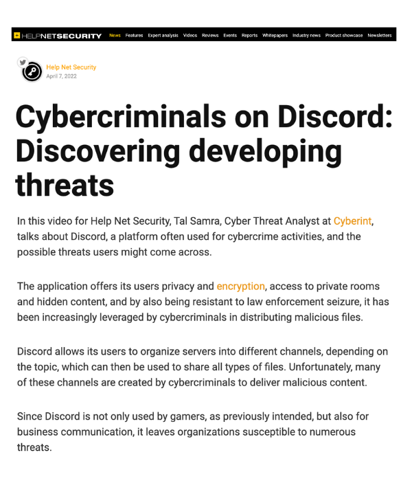 Help Net Security - Cybercriminals on Discord: Discovering developing threats