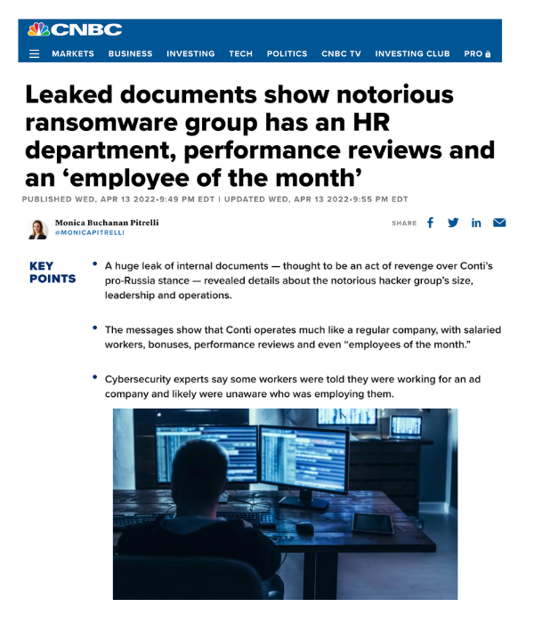 CNBC - Leaked docs show notorious ransomware group has HR dept and employee of the month