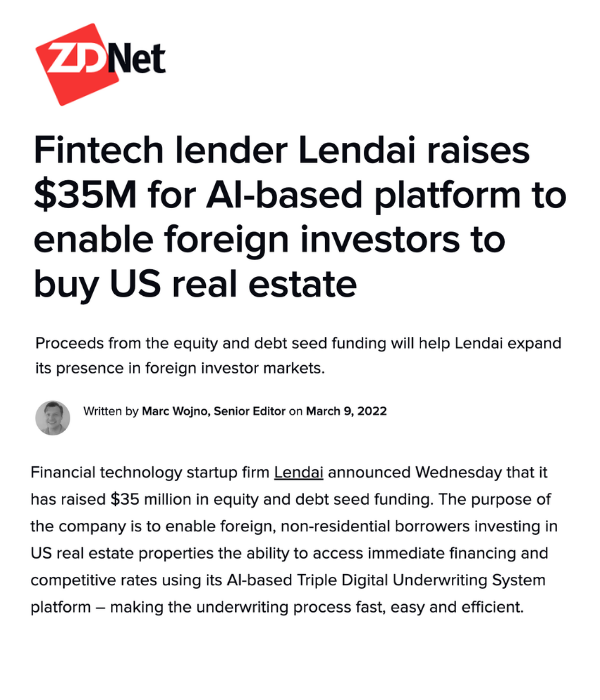 ZDNet - Fintech lender Lendai raises $35M for AI-based platform for foreign investors
