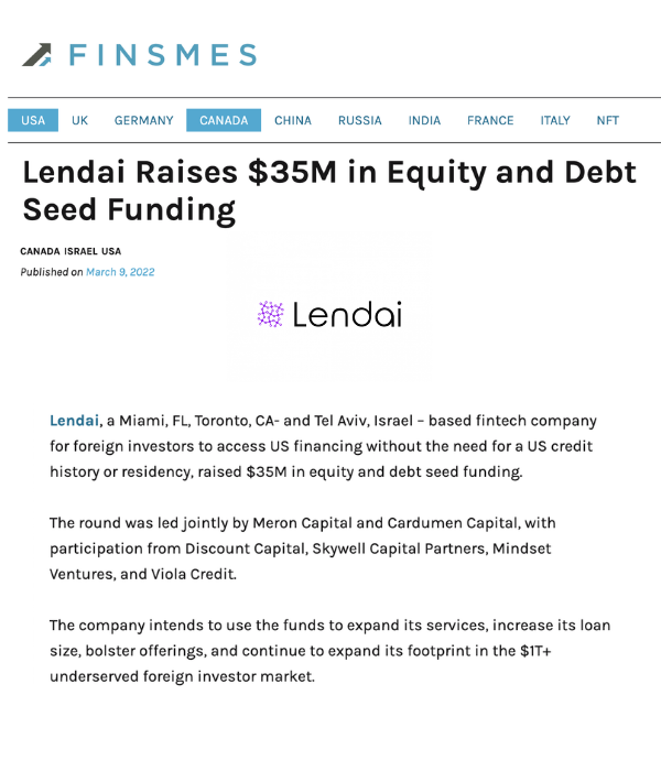 FinSMEs - Lendai Raises $35M in Equity and Debt Seed Funding