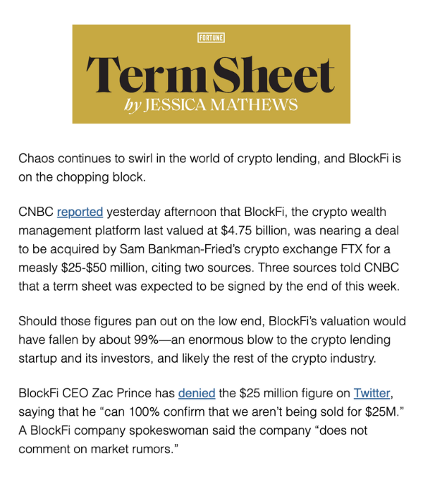 Fortune Term Sheet - BlockFi nearing deal to be acquired by FTX