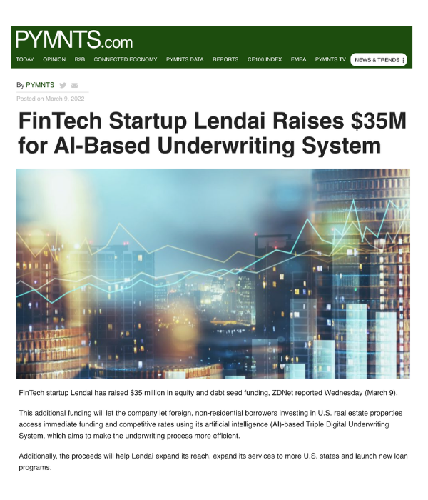 PYMNTS - FinTech Startup Lendai Raises $35M for AI-Based Underwriting System