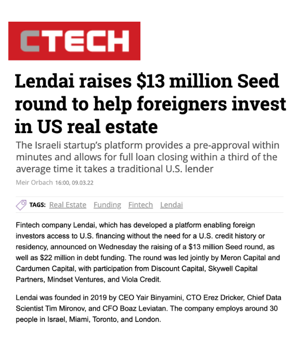 CTech - Lendai raises $13 million Seed round to help foreigners invest in US real estate