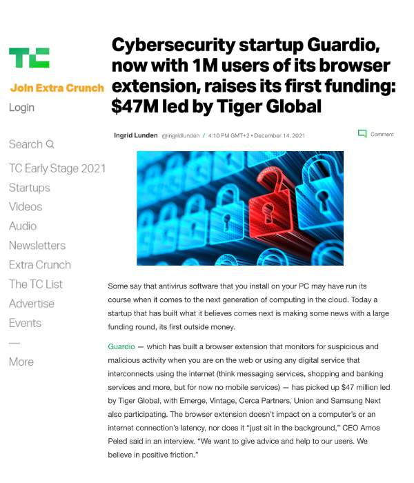 TechCrunch - Cybersecurity startup Guardio raises $47M led by Tiger Global