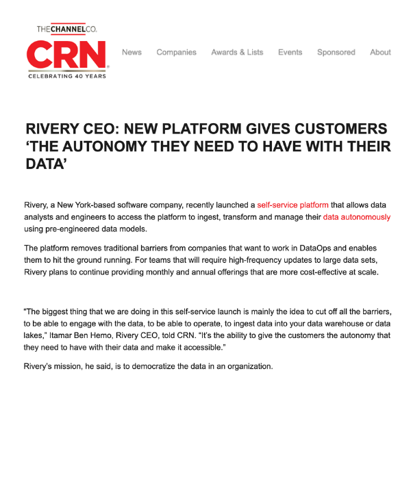 CRN - Rivery CEO: New platform gives customers autonomy with their data