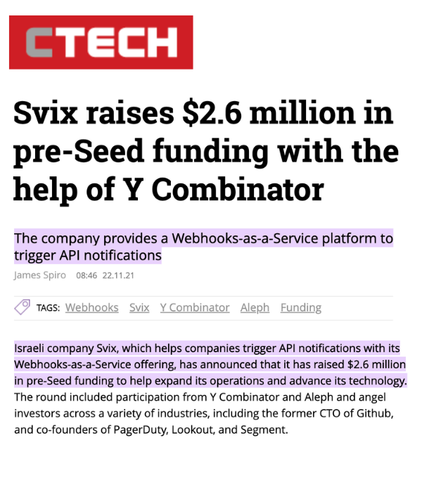 CTech - Svix raises $2.6M in pre-Seed funding with Y Combinator