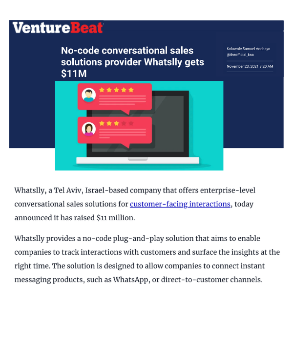 VentureBeat - No-code conversational sales provider Whatslly gets $11M