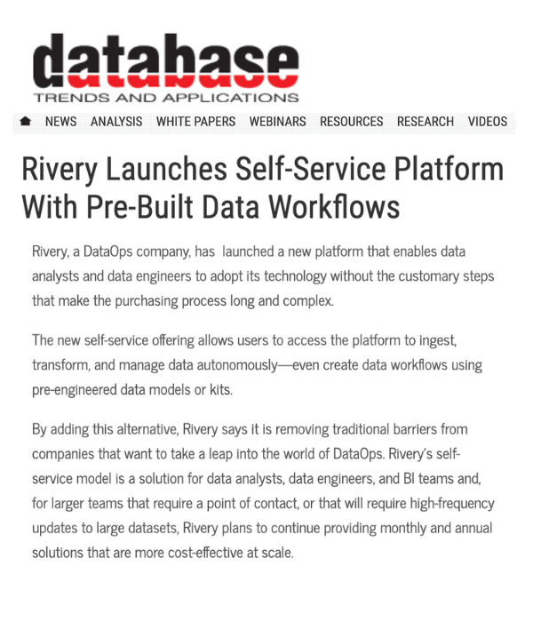 Database Trends - Rivery Launches Self-Service Platform With Pre-Built Data Workflows