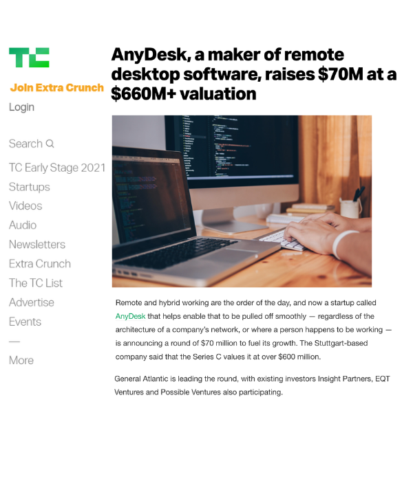TechCrunch - AnyDesk raises $70M at $660M+ valuation