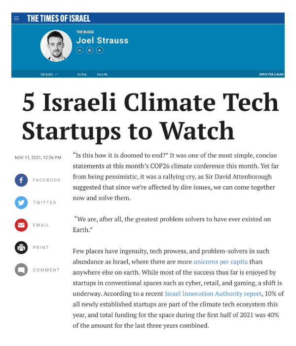 Times of Israel - 5 Israeli Climate Tech Startups to Watch