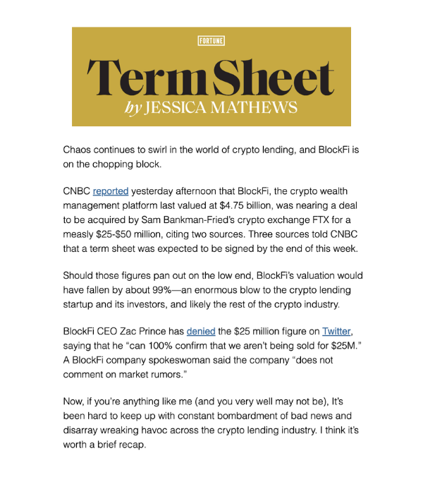 Fortune Term Sheet - BlockFi nearing acquisition deal with FTX