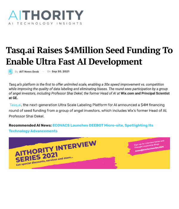 AIThority - Tasq.ai Raises $4M Seed Funding To Enable Ultra Fast AI Development