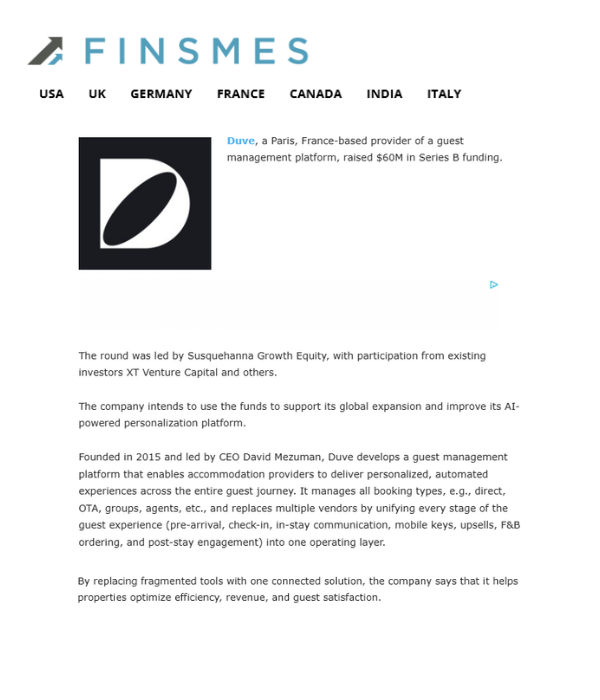 FinSMEs - Duve raises $60M in Series B funding